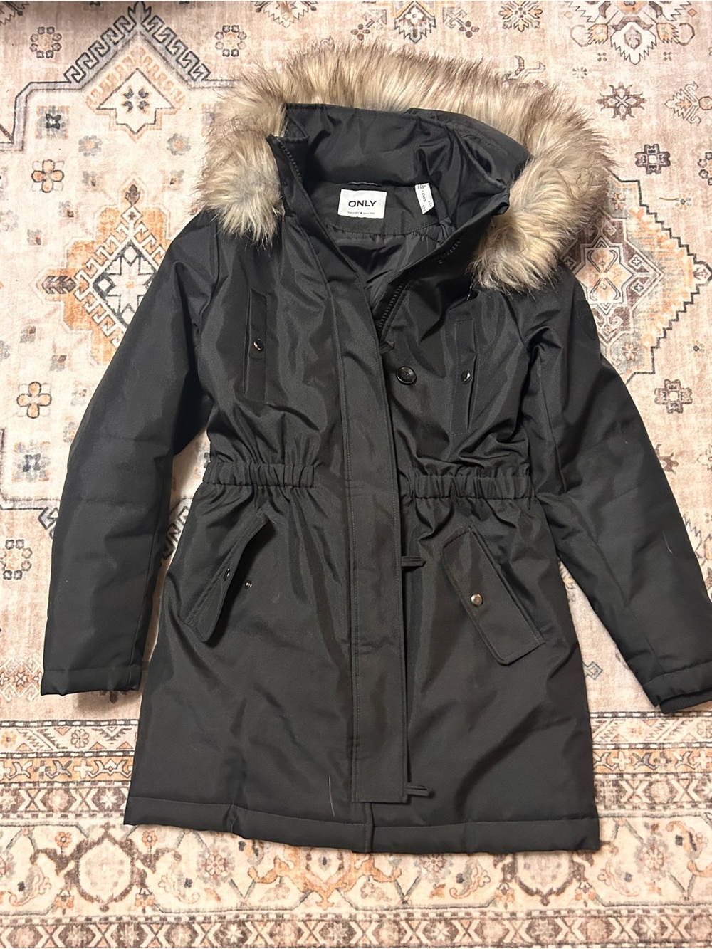 ONLY Black Puffer Parka with Faux Fur Trimmed Hood
